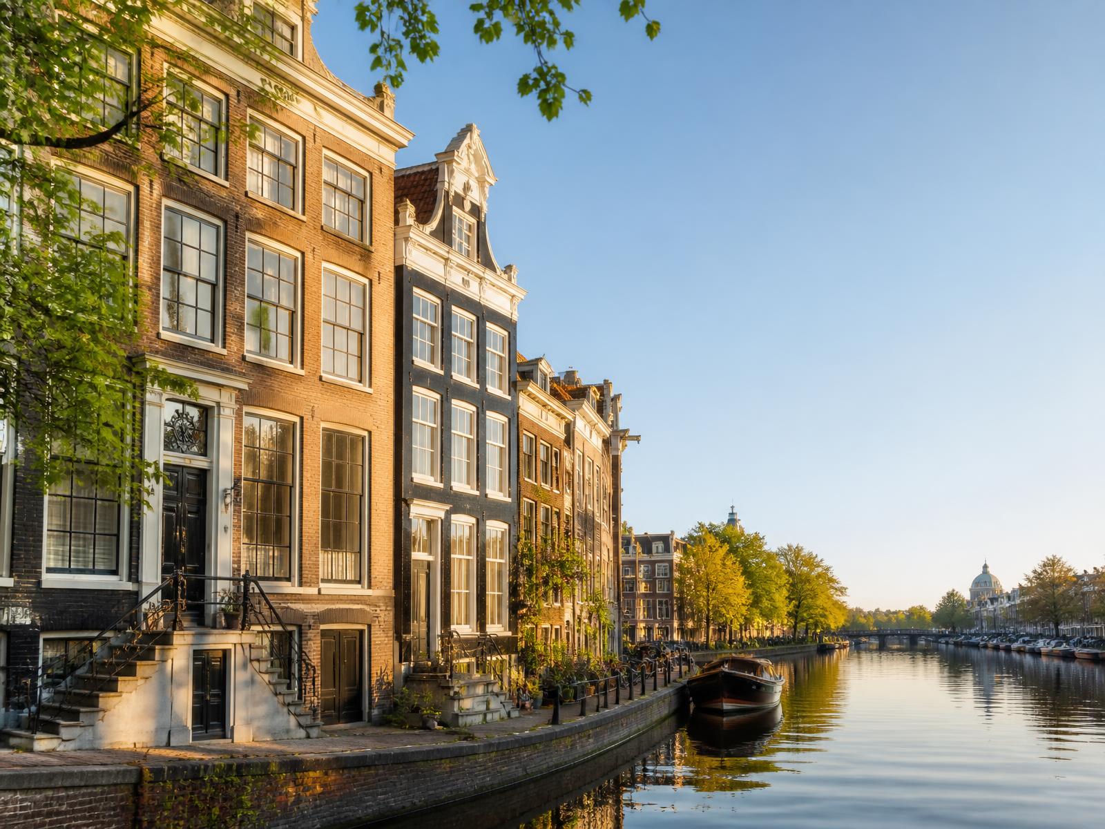 Nederlandse grachtenpanden in het late middaglicht